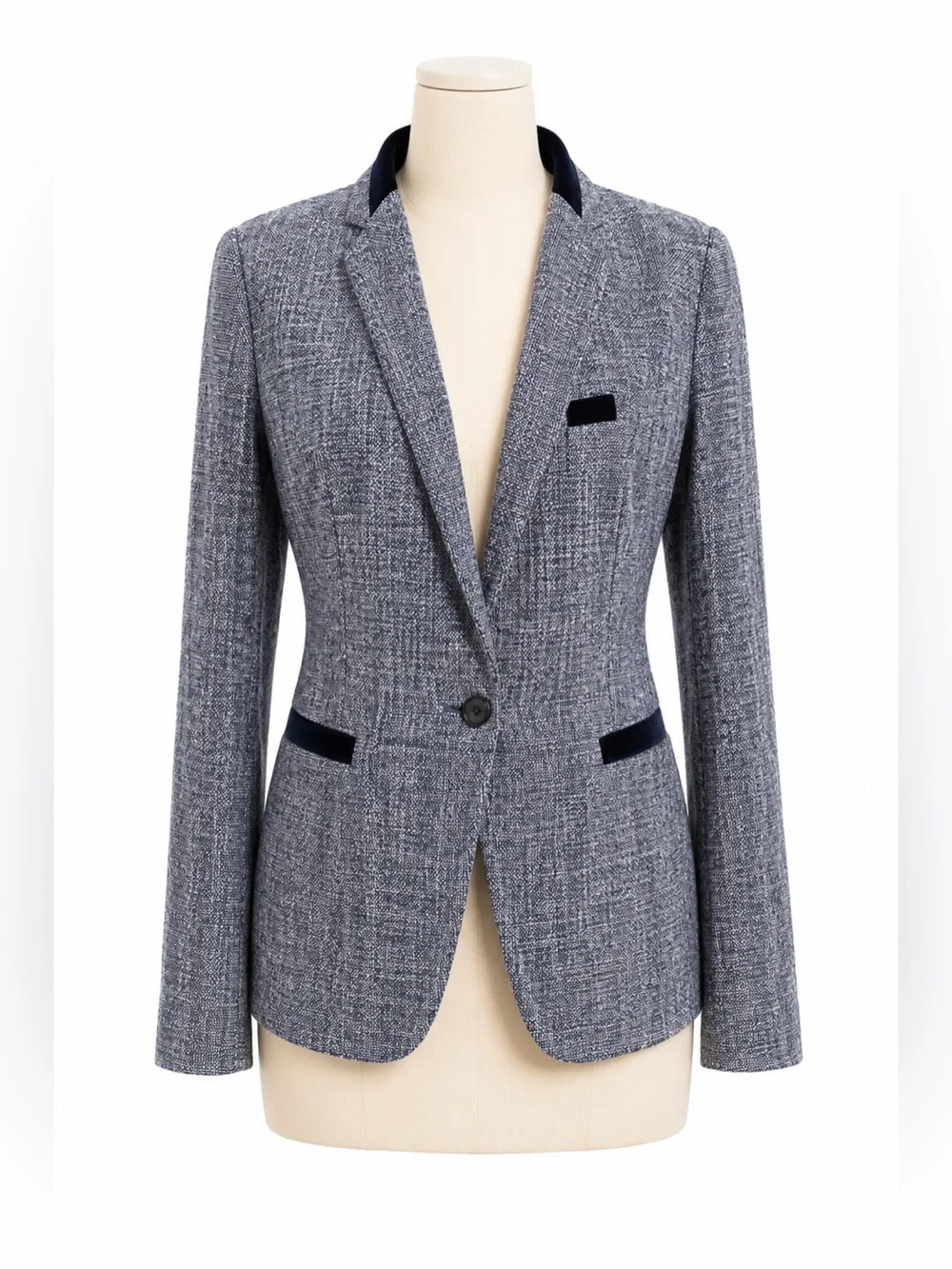Boutique Tweed Blazer Navy Black Velvet Trim Tailored Career Jacket Size 6